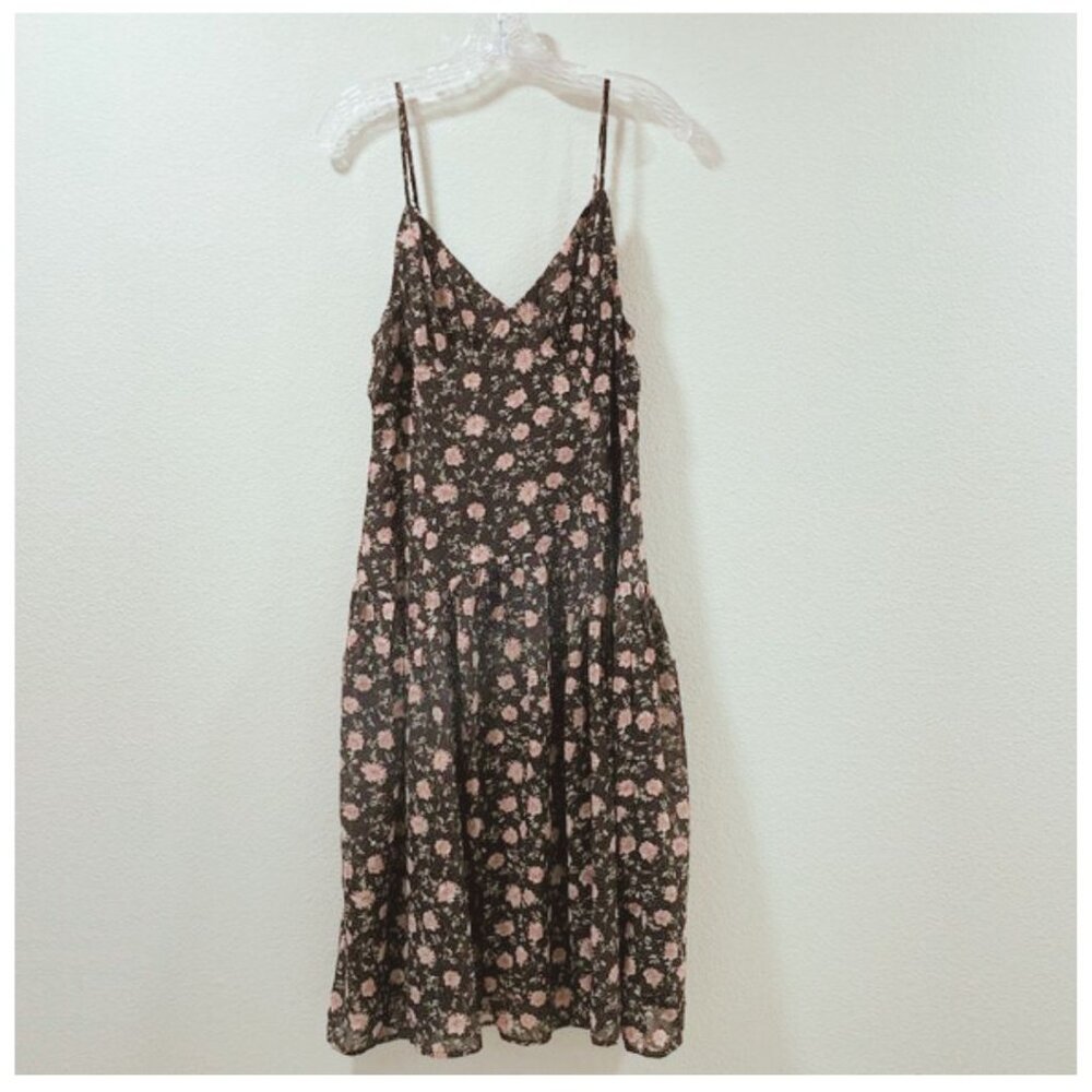 Storia Empire Midi Black/Pink Floral V-Neck Strappy Sundress L NEW
